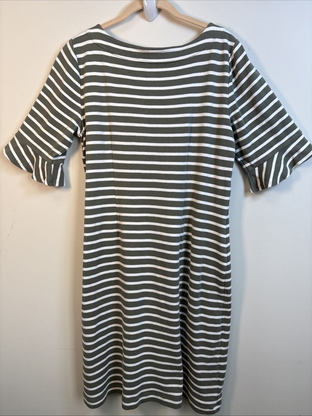 Talbots Classic Striped Dress Olive Green White Lg Nautical Preppy Old Money